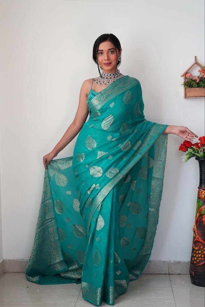 Trendy 1-Minute Ready To Wear Sea Green Soft Silk Saree