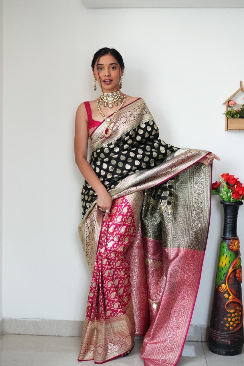 Attractive 1-Minute Ready To Wear Black Soft Silk Saree