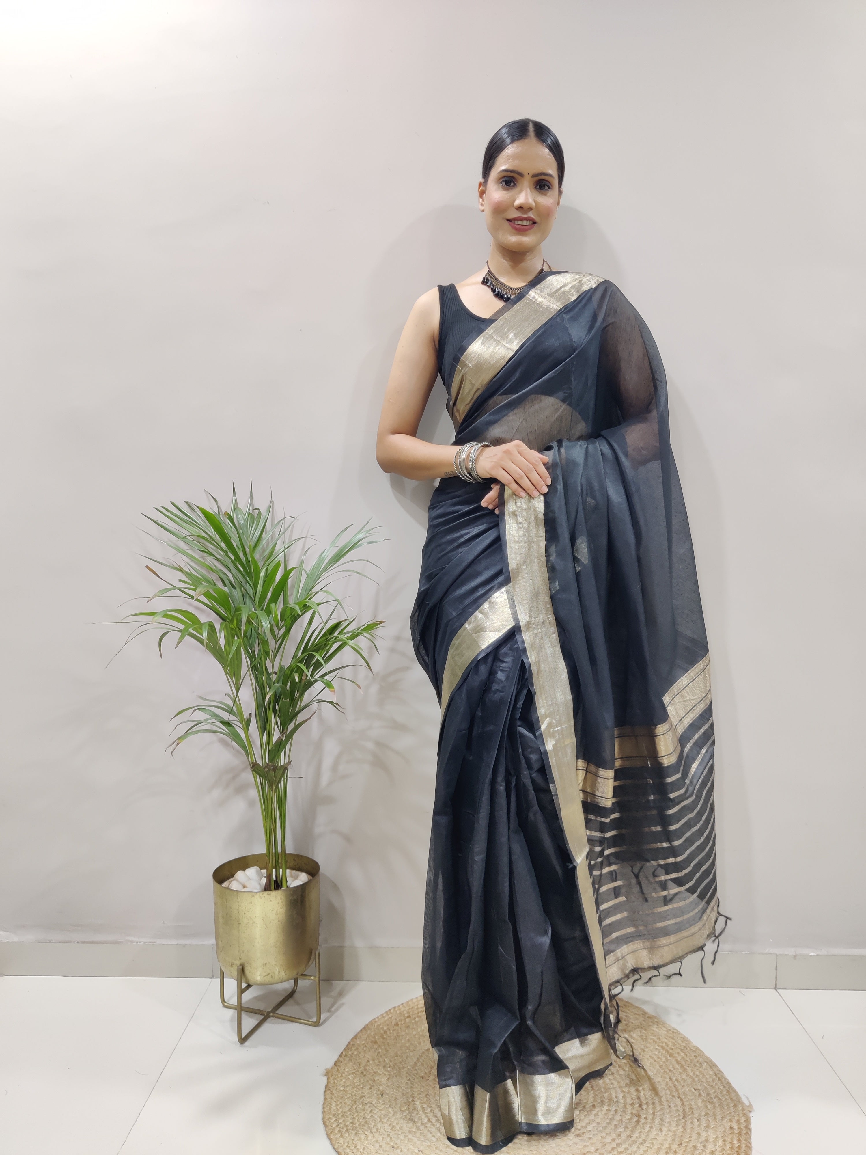 Redolent 1-Minute Ready To Wear Black Soft Silk Saree