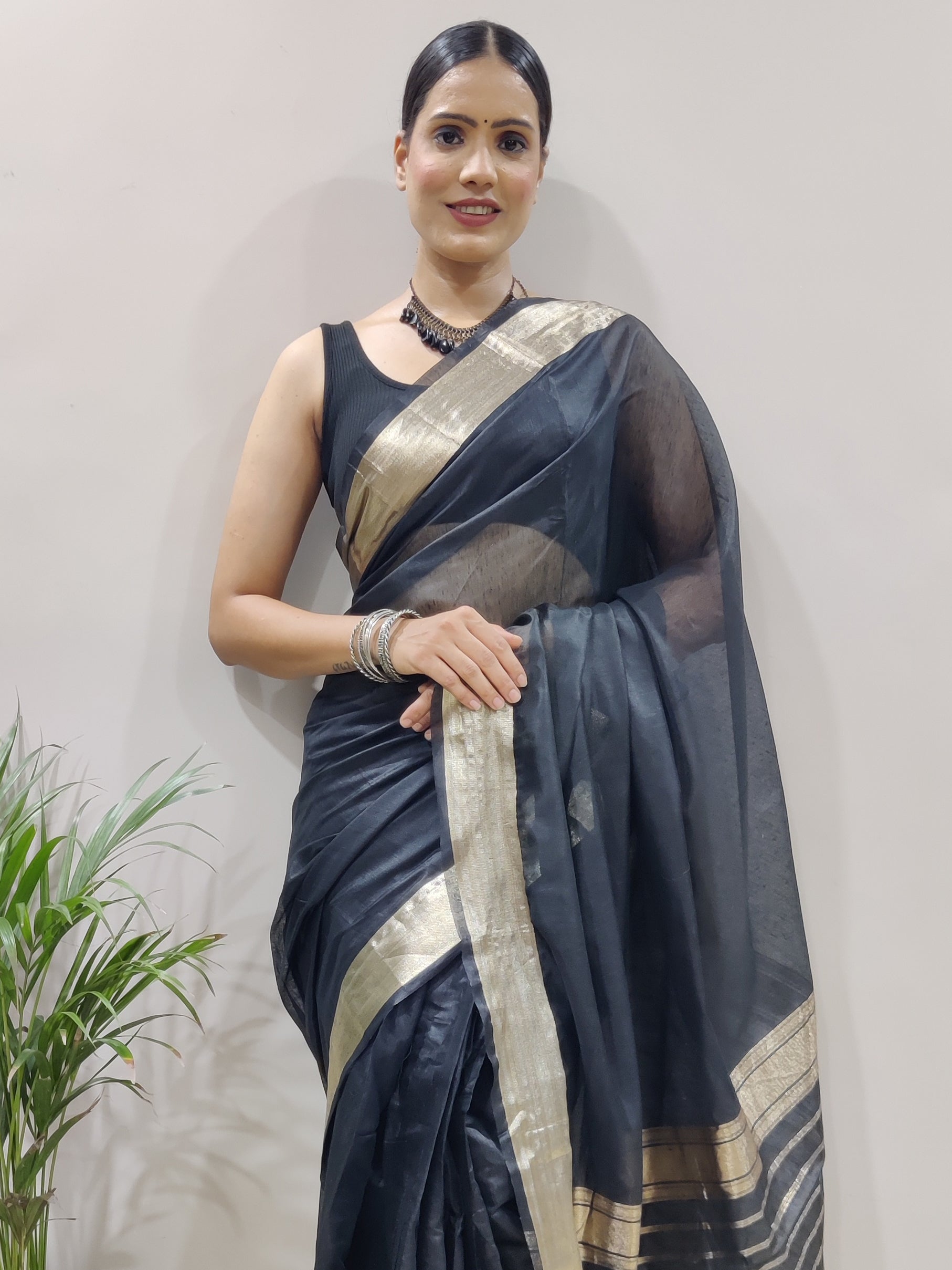 Redolent 1-Minute Ready To Wear Black Soft Silk Saree