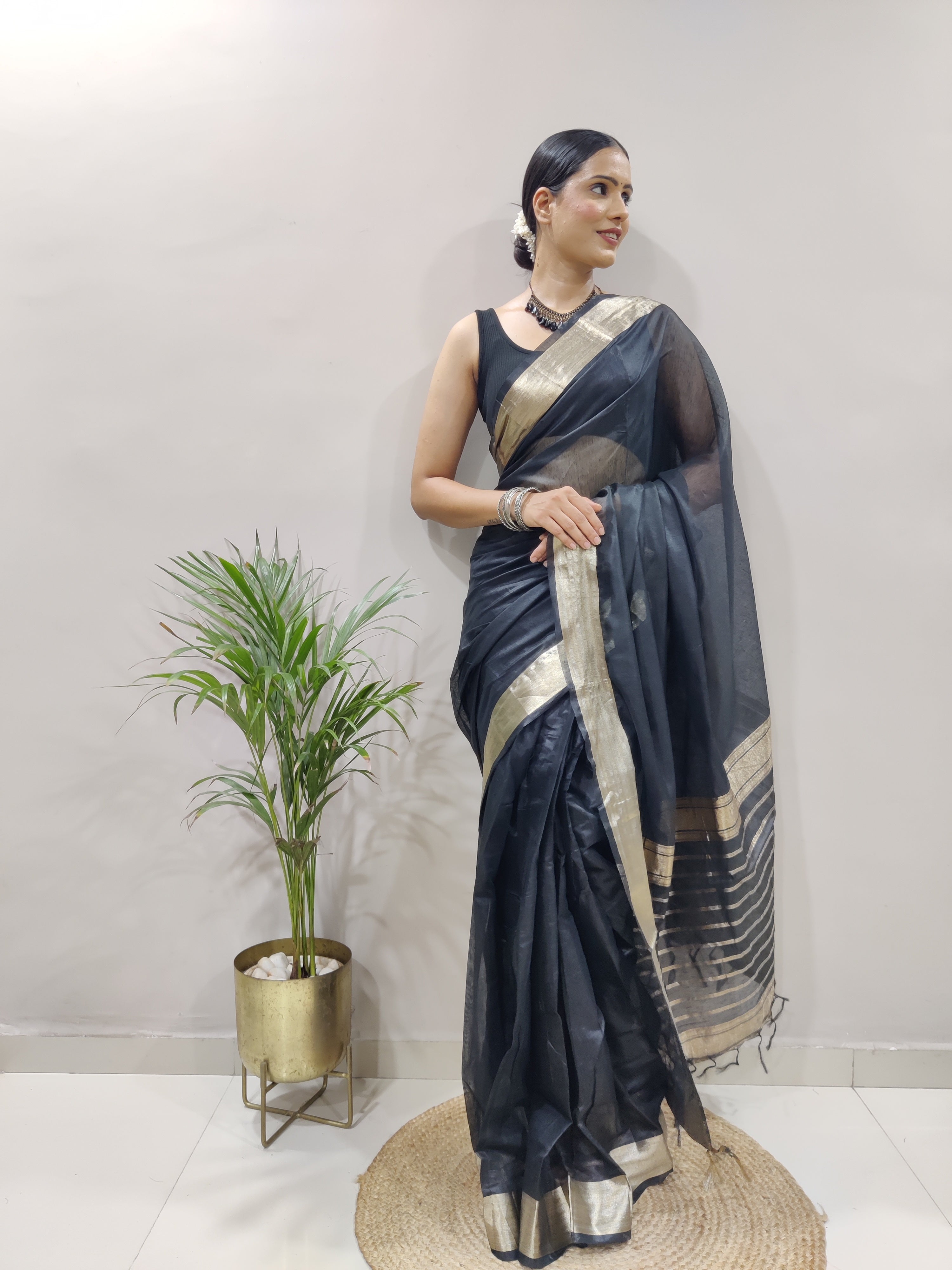 Redolent 1-Minute Ready To Wear Black Soft Silk Saree