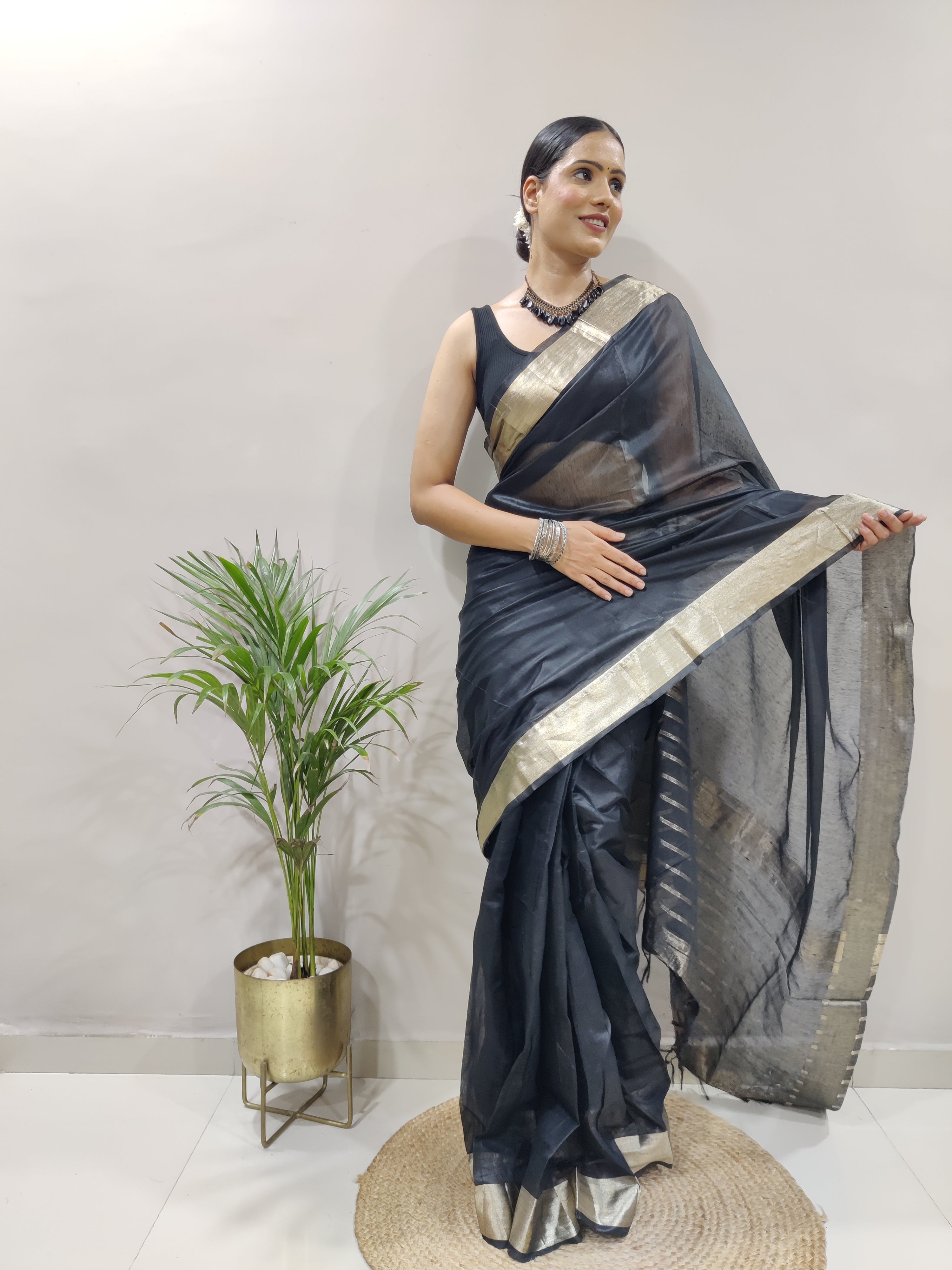 Redolent 1-Minute Ready To Wear Black Soft Silk Saree