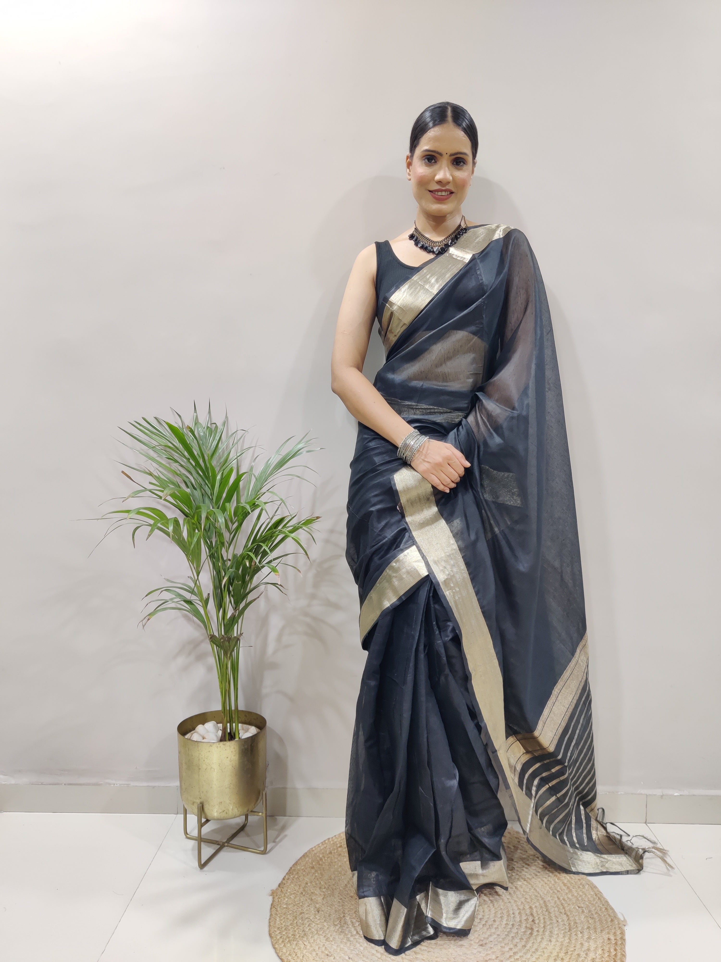 Redolent 1-Minute Ready To Wear Black Soft Silk Saree