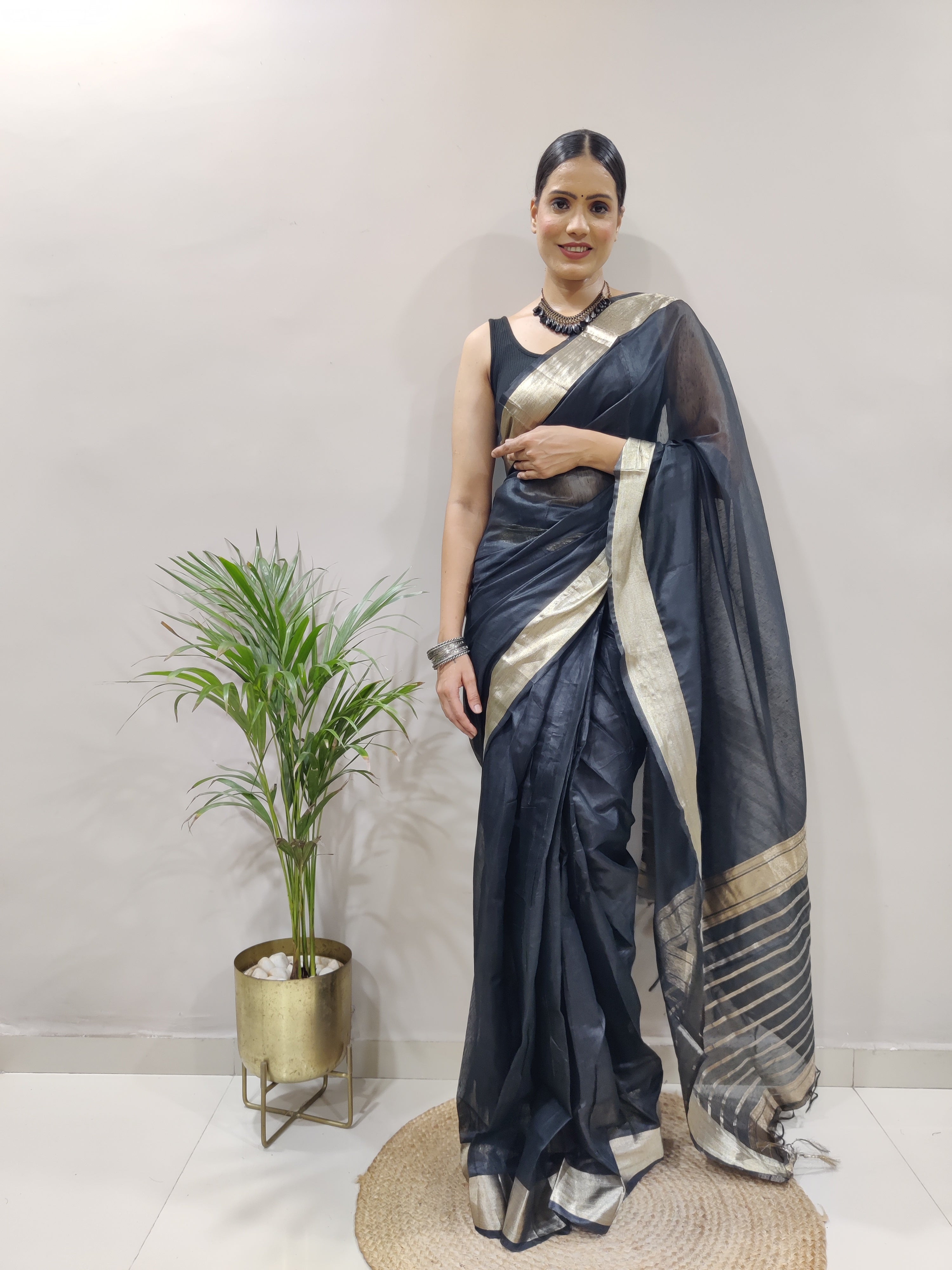 Redolent 1-Minute Ready To Wear Black Soft Silk Saree