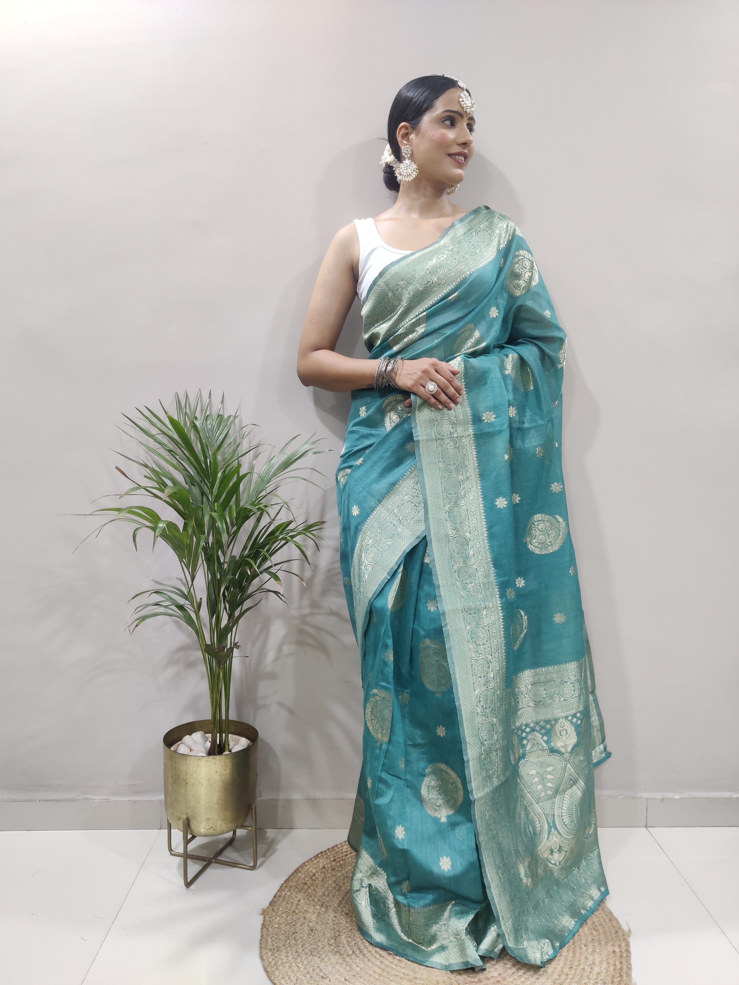 Confounding 1-Minute Ready To Wear Sea Green Cotton Silk Saree