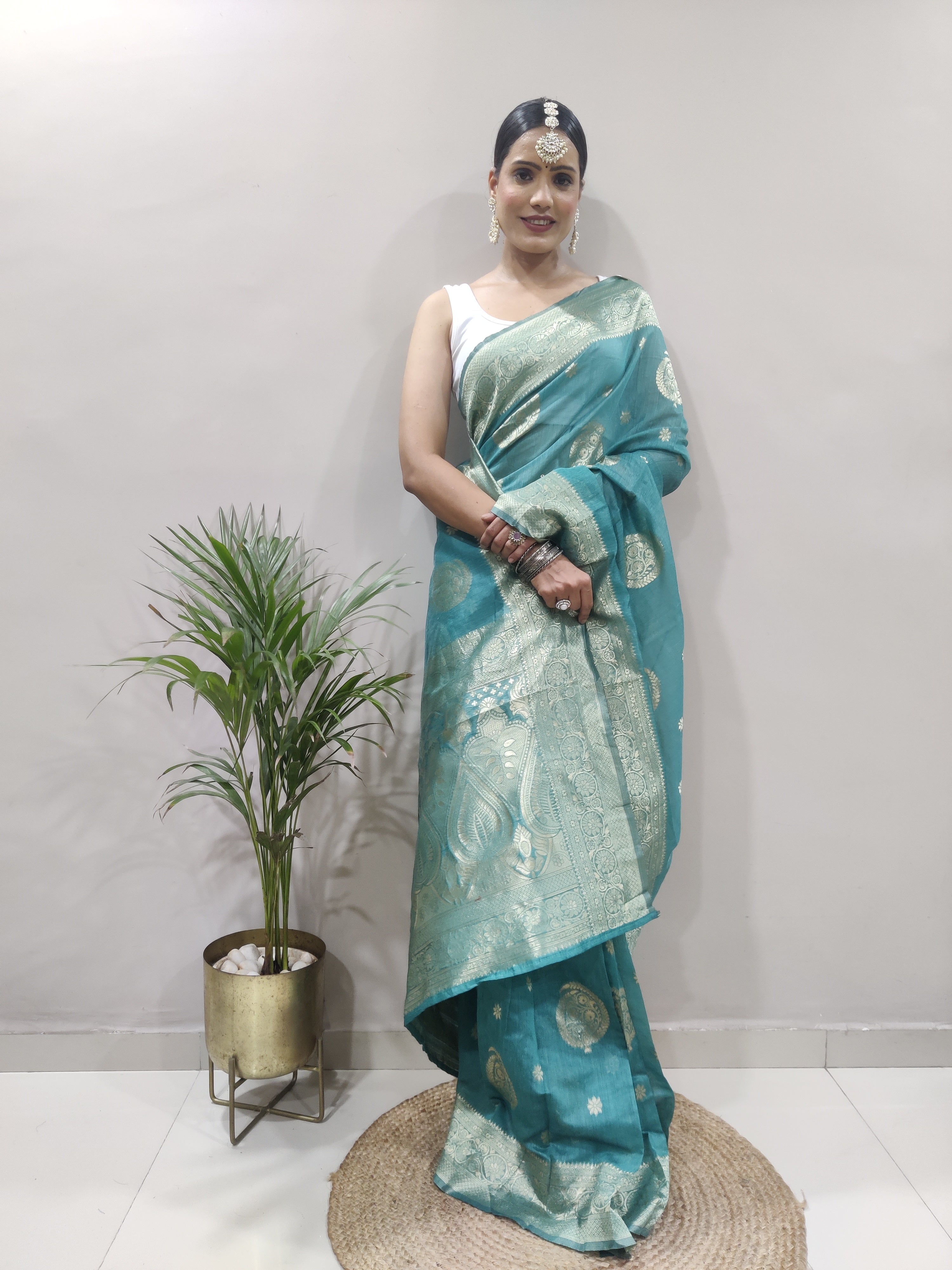 Confounding 1-Minute Ready To Wear Sea Green Cotton Silk Saree