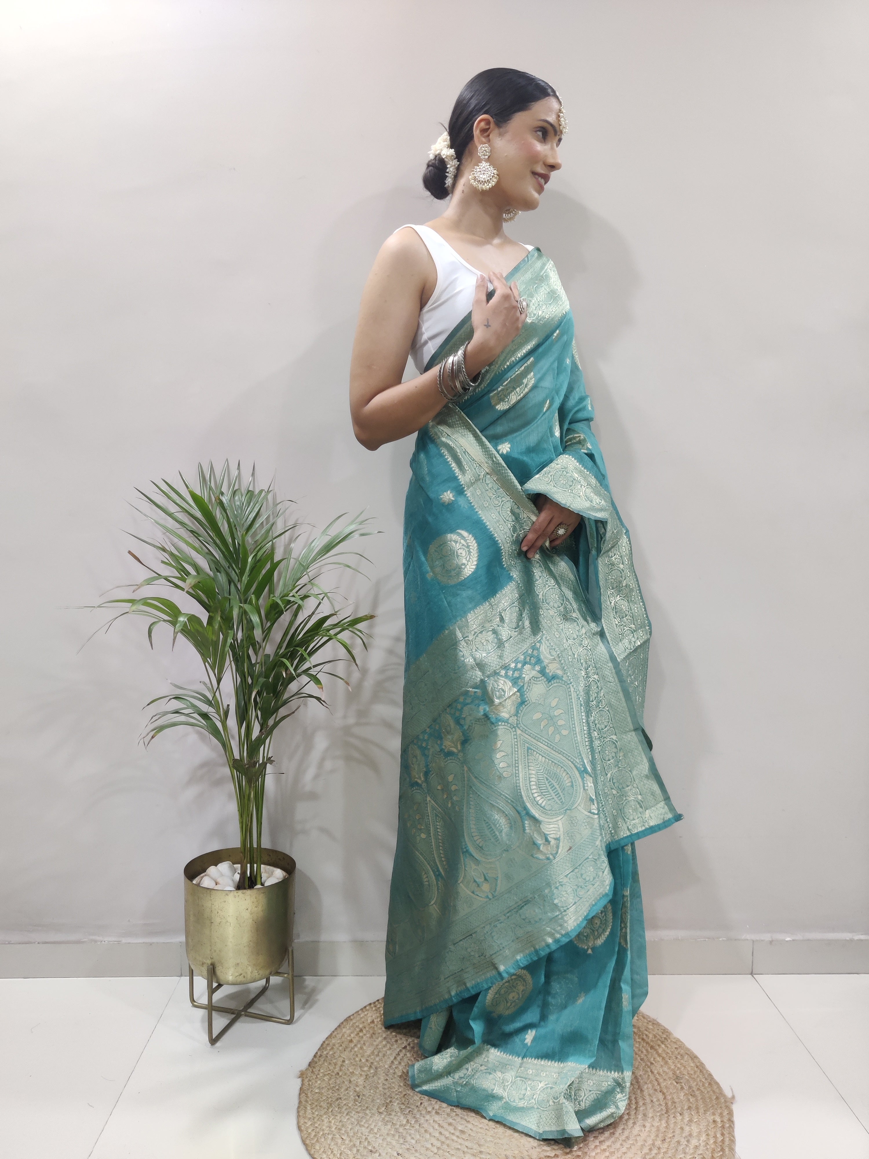 Confounding 1-Minute Ready To Wear Sea Green Cotton Silk Saree