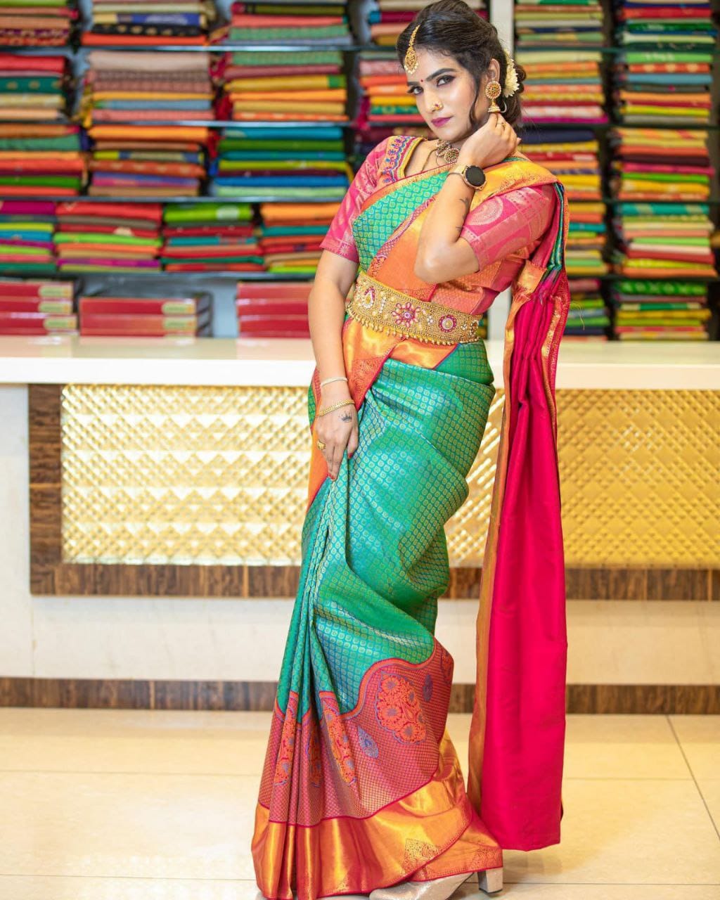 Sumptuous Rama Soft Silk Saree With Glittering Blouse Piece