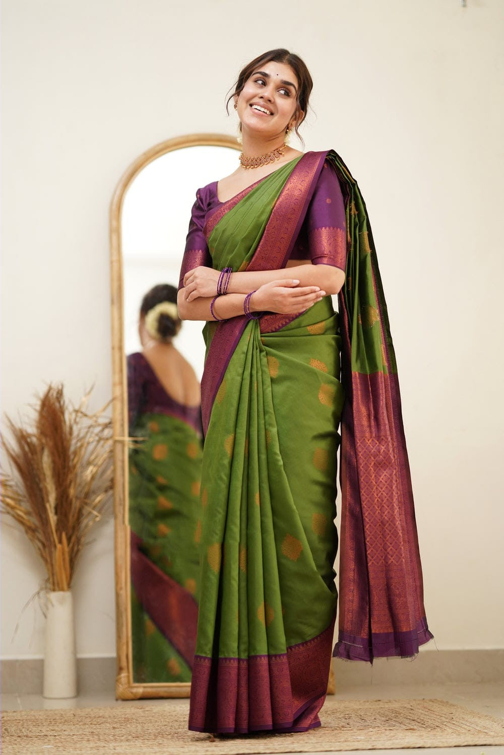 Splendorous Mehndi Soft Silk Saree with Glittering Blouse Piece