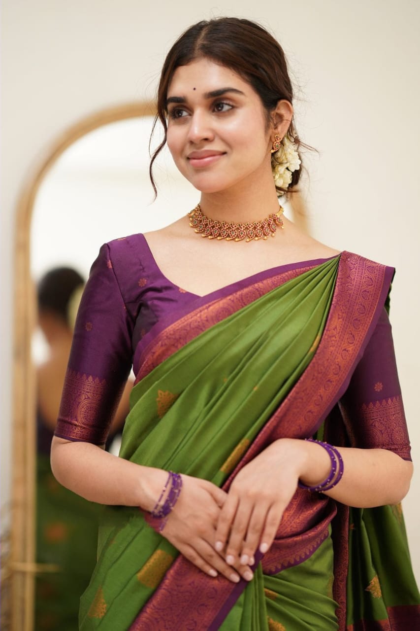 Splendorous Mehndi Soft Silk Saree with Glittering Blouse Piece