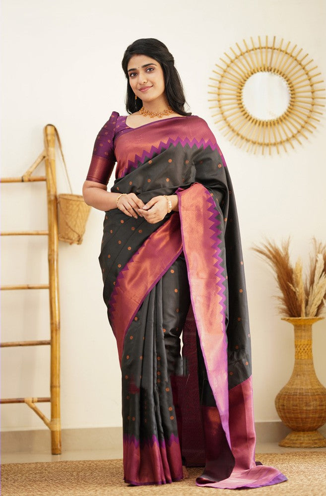 Breathtaking Black Soft Silk Saree with Glittering Blouse Piece