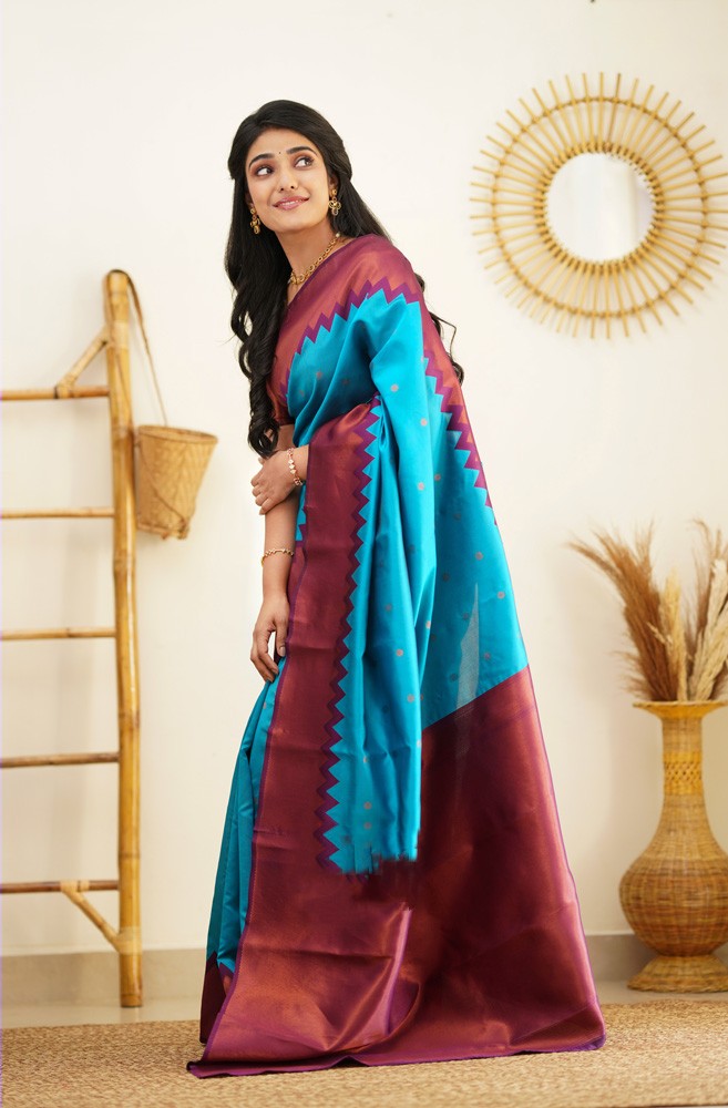 Designer Firozi Soft Silk Saree with Prominent Blouse Piece