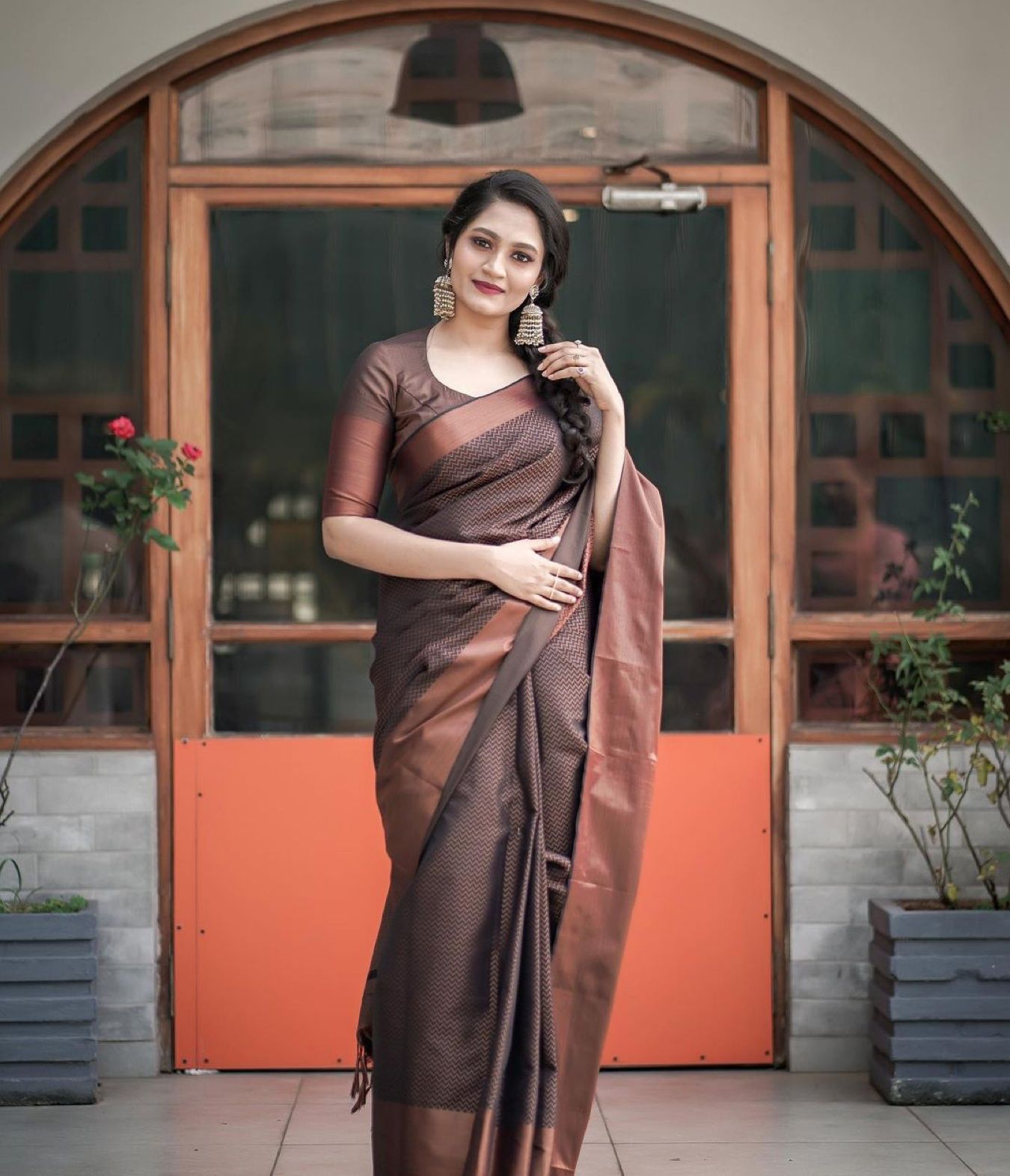 Artistic Brown Soft Banarasi Silk Saree With Sophisticated Blouse Piece