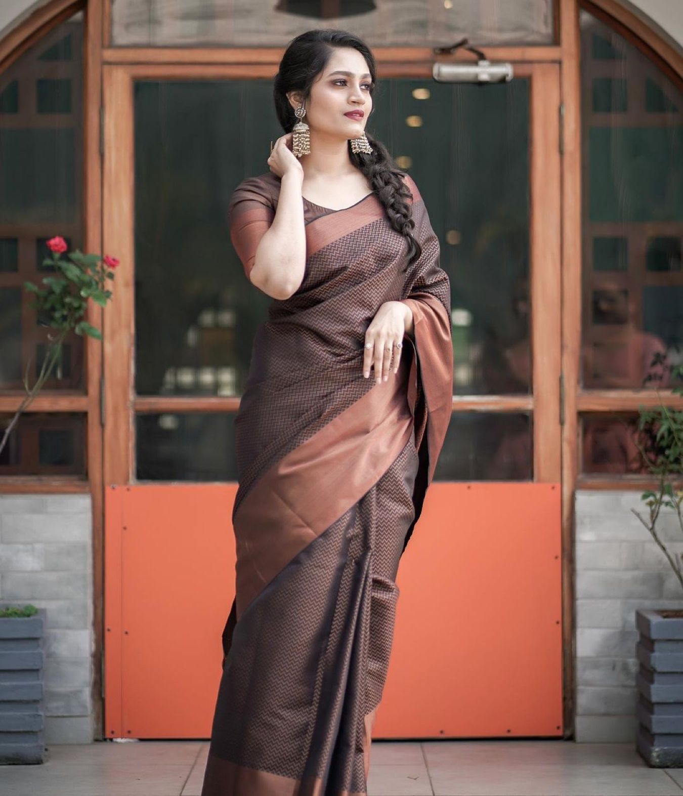 Artistic Brown Soft Banarasi Silk Saree With Sophisticated Blouse Piece