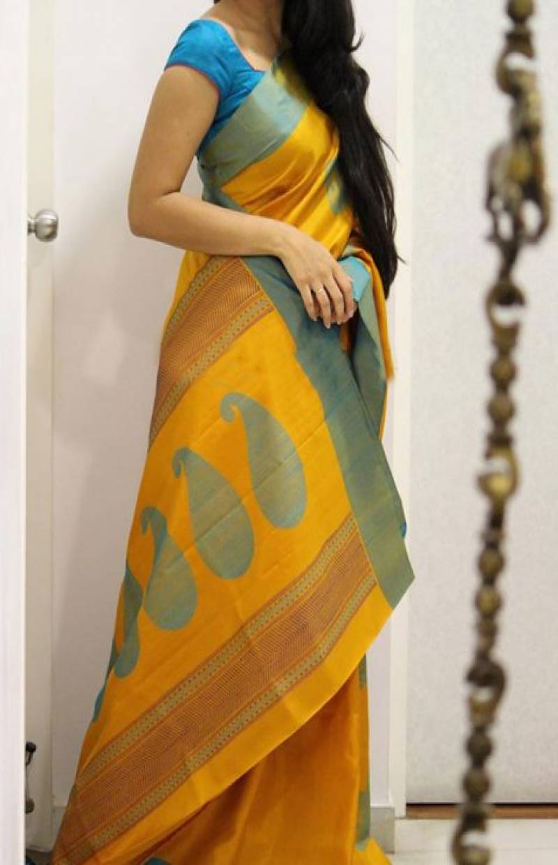 Pure Soft Silk Elegant Yellow And Sky Blue Colored, Festive Wear Saree