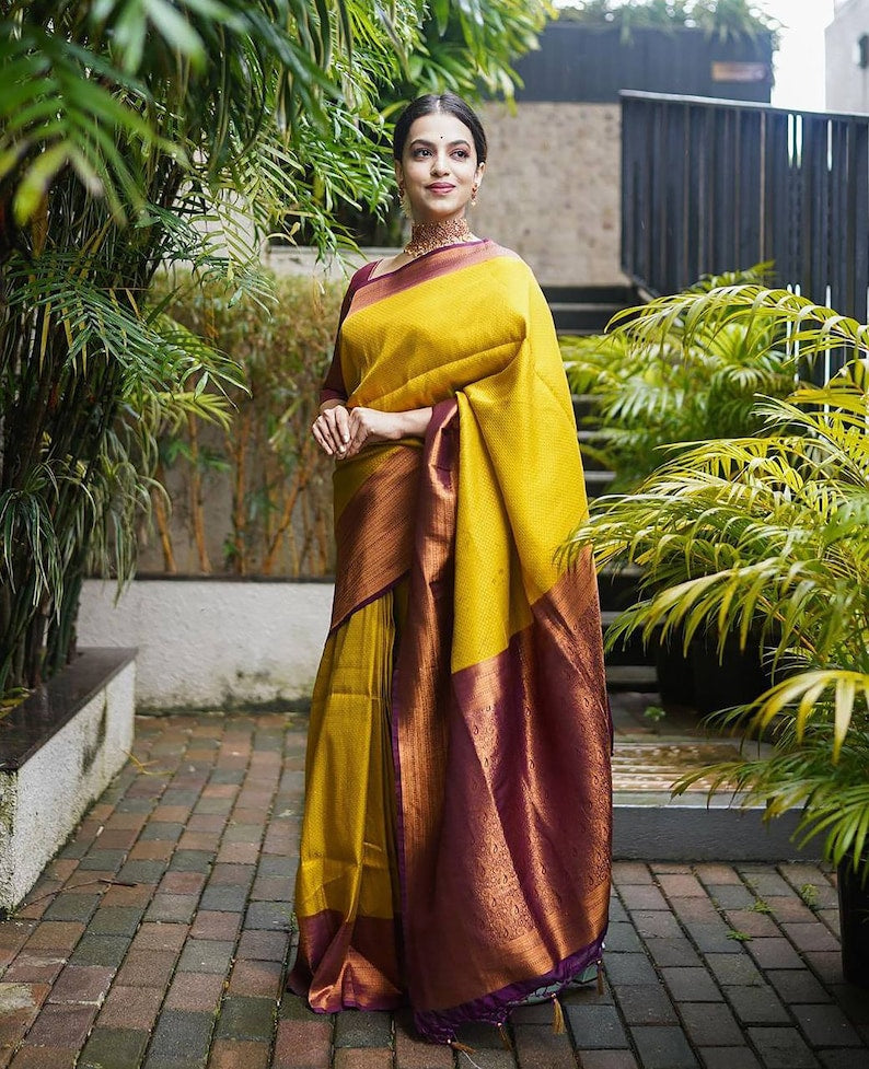BANARASI SILK Traditional Yellow Saree with Stitched Blouse, Handmade HANDWOVEN Saree Banarasi Cotton Wedding, Bridal Wear Jacquard Woven