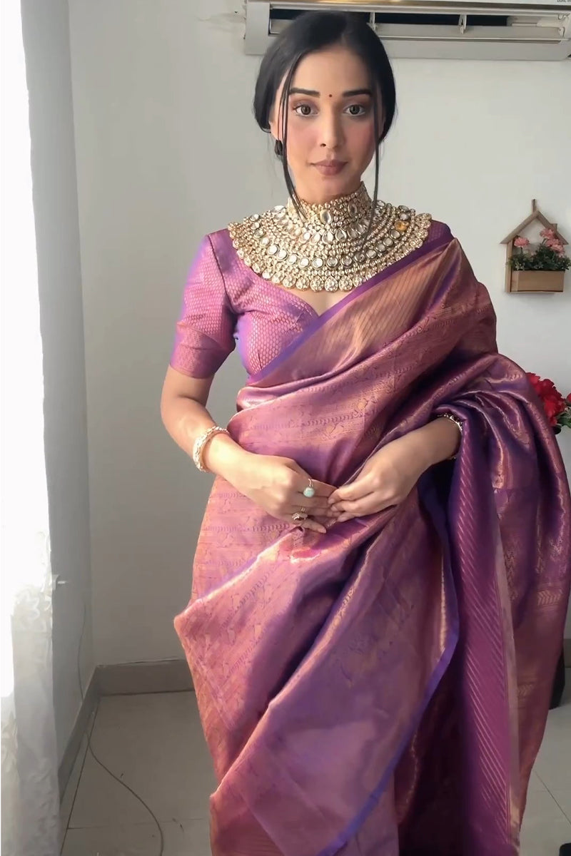 Mellifluous 1-Minute Ready To Wear Purple Kanjivaram Silk Saree