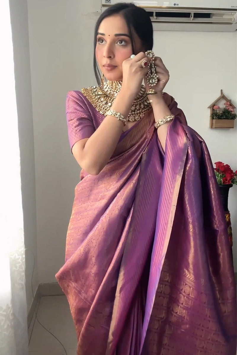 Mellifluous 1-Minute Ready To Wear Purple Kanjivaram Silk Saree