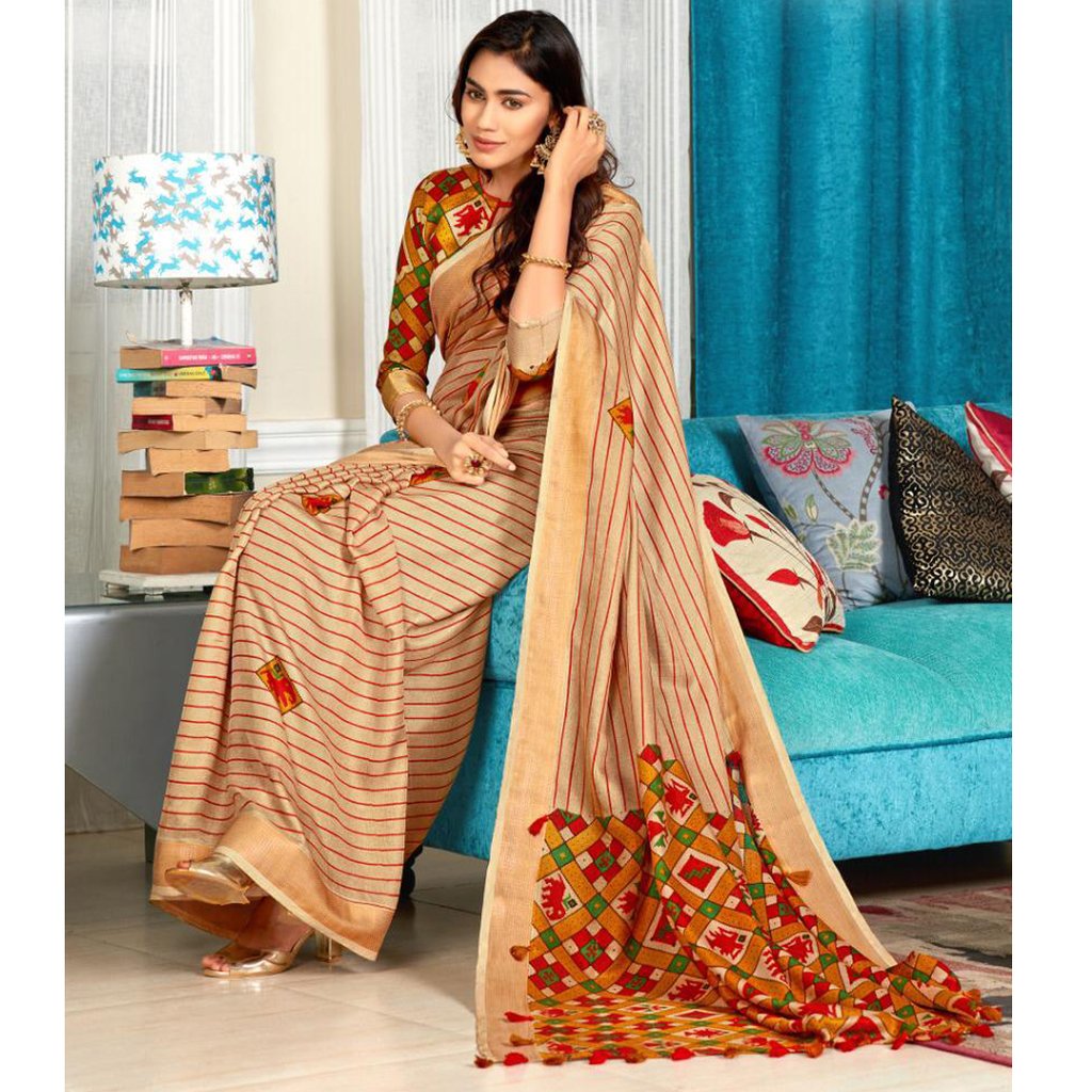 Pure Linen Pretty Beige Colour Saree, Designer Wear