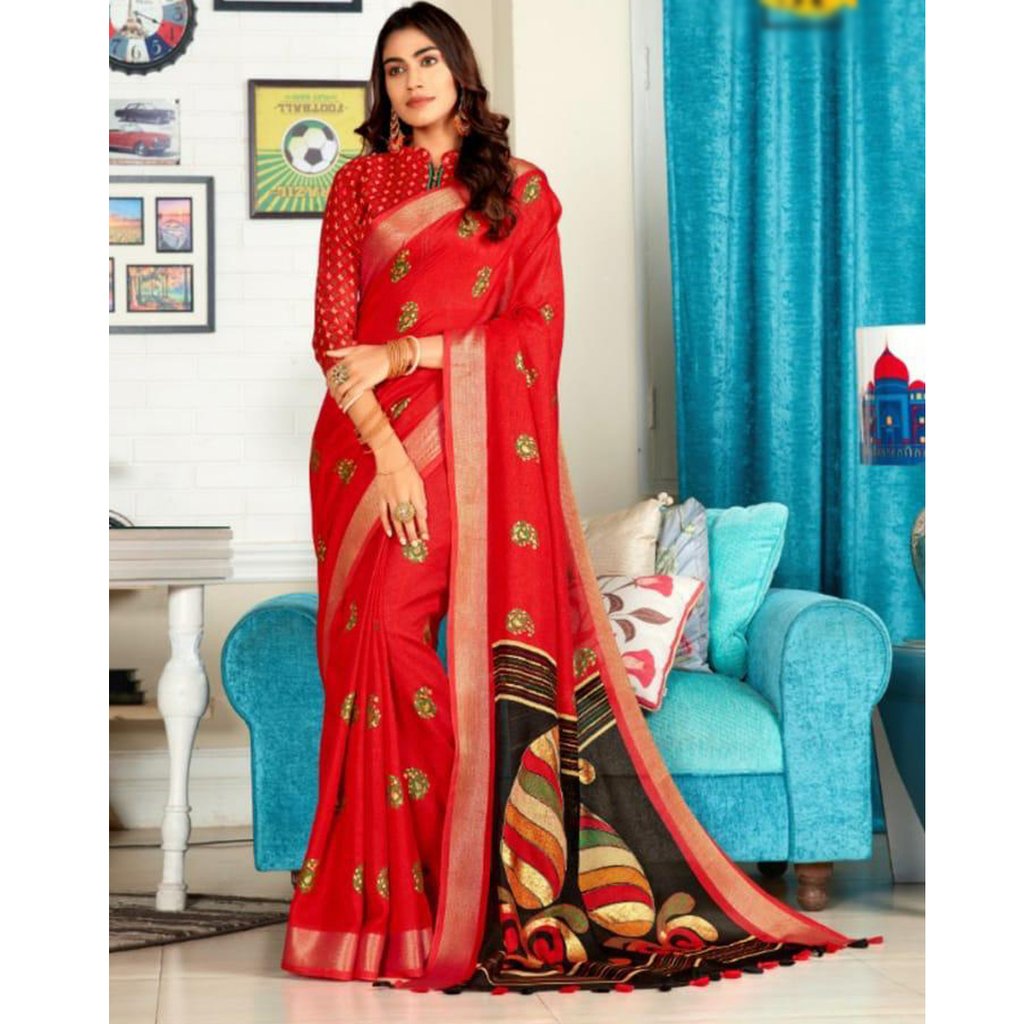 Pure Linen Trendy Red Saree, Festive Wear