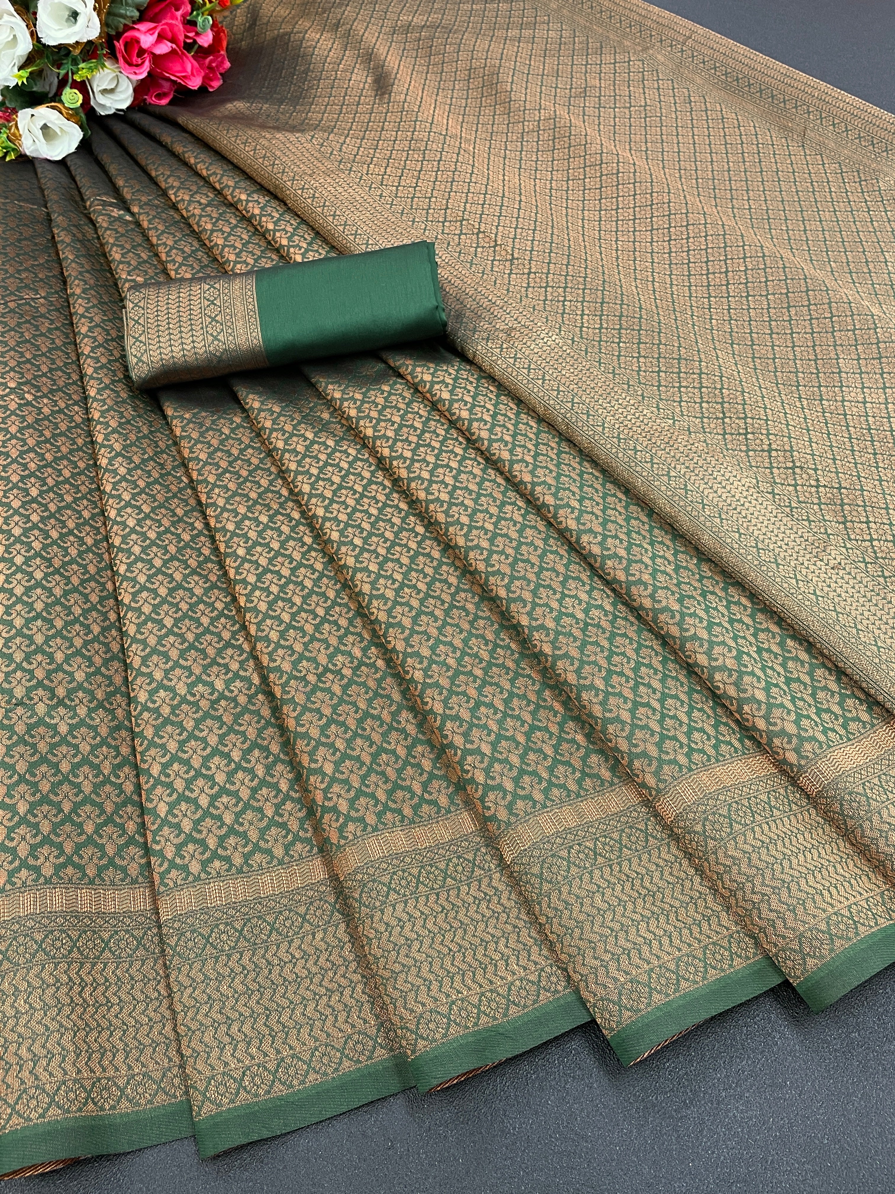 Pure jacquard Silk Sarees Dark Green Colour, Wedding Wear